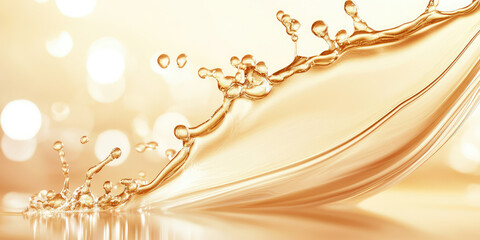 Closeup golden skincare serum drop splash on pastel background, texture with copy space