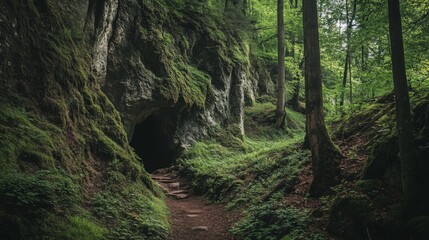 A dark cave opening in a lush green forest, with a path leading towards it.