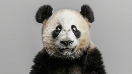 Obraz premium A surprised panda with wide, expressive eyes stands out against a minimalist backdrop, exuding a mix of cuteness and humor.