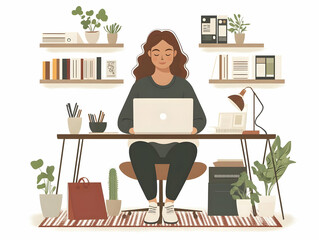 Fototapeta premium Flat Candid Home Office Work Concept: Freelancer Managing Savings and Profits in a Cozy, Natural Setting with Laptop, Personal Touches, and Warm Lighting