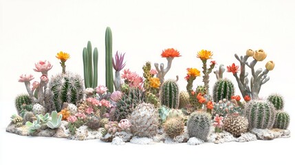 Vibrant 3D Display of Flowering Cacti on White Background