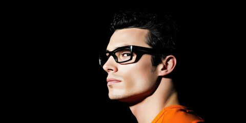 Man wearing high-end fashion, glasses with modern frames, black background, copy space, magazine banner template, futuristic