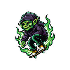 A neon colored goblin riding a skateboard with green flames around him.