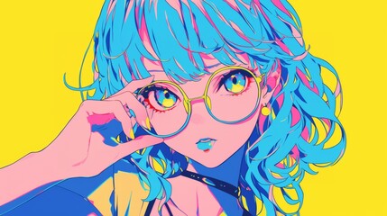 Naklejka premium Anime girl with blue hair and yellow glasses. generative ai illustration.