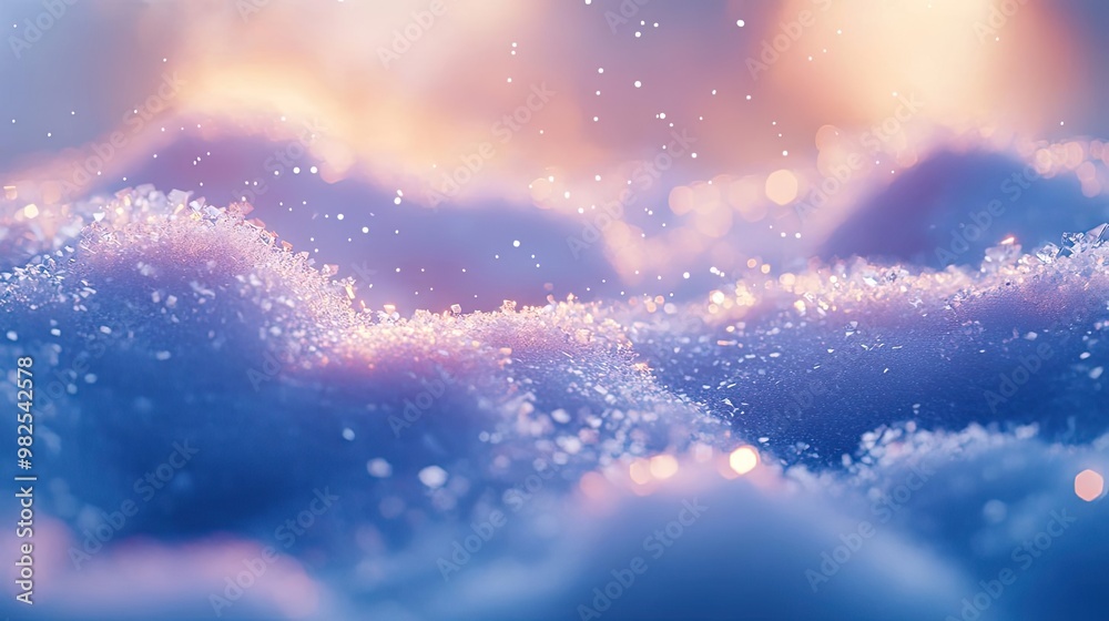 Poster A captivating close-up of sparkling snowflakes on a soft surface, reflecting light and creating a serene winter atmosphere.