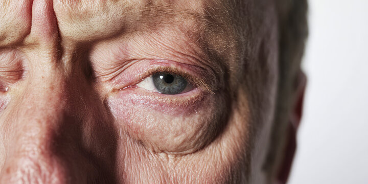 Senior man with eye pain isolated on white background with copy space, diabetic retinopathy pinguecula or pterygium illness