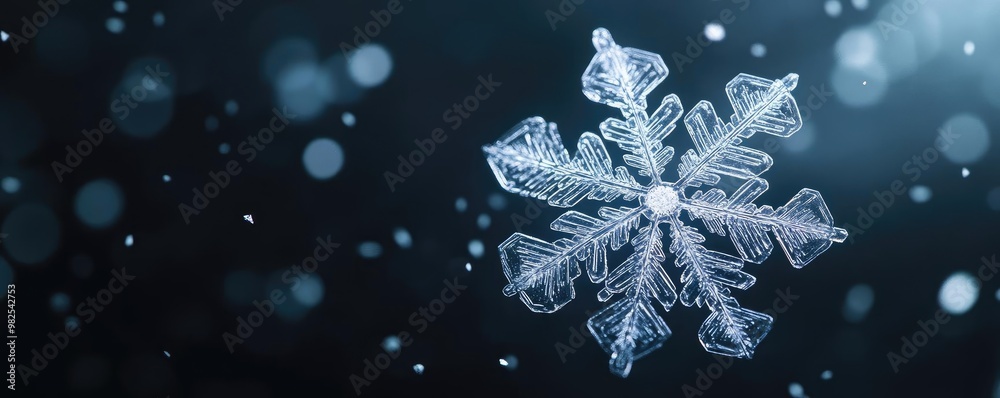 Poster a beautiful snowflake gently falling against a dark background, capturing the essence of winter and 