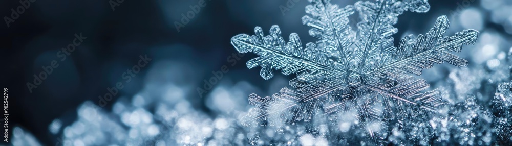 Aufkleber A close-up view of a delicate snowflake resting on icy crystals, showcasing intricate patterns and cool blue hues.