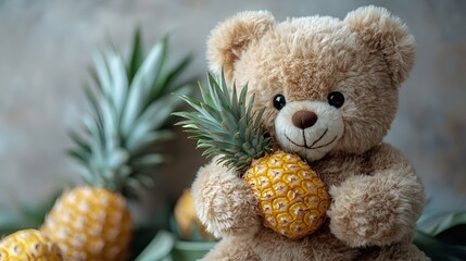 a teddy bear holding a pineapple. 