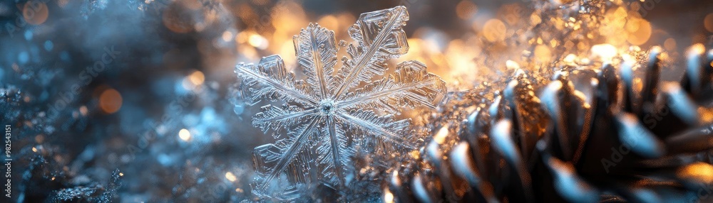 Poster A close-up of a delicate snowflake resting on a pinecone, illuminated by soft, shimmering light, creating a magical winter mood.