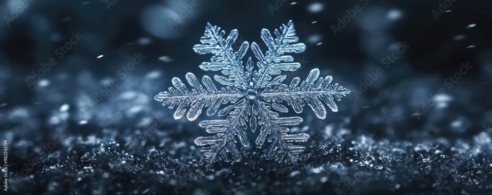 Poster Close-up of a delicate snowflake with intricate patterns shining against a dark backdrop, showcasing winter's beauty and elegance.
