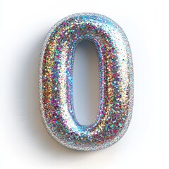 3D number 0 with glitter texture realistic modern design, soft lighting, white background.