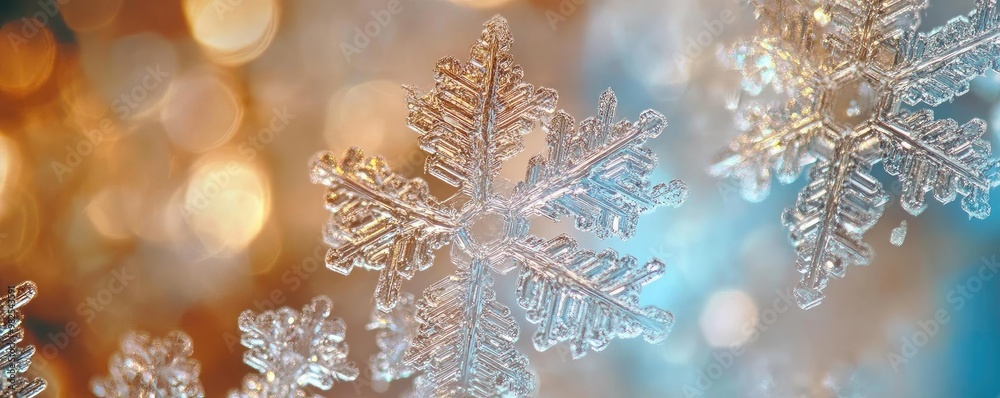 Poster close-up of delicate snowflakes sparkling against a blurred colorful background, capturing the magic