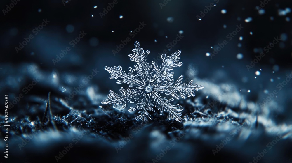 Poster A delicate snowflake resting on dark ground, highlighting intricate patterns against a blurred snowy background.