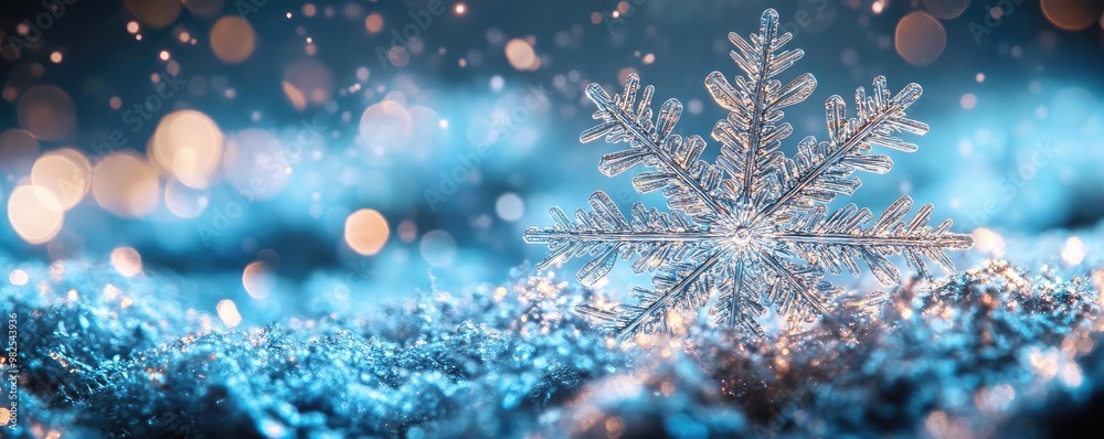 Poster a sparkling snowflake rests on a bed of shimmering blue glitter, creating a captivating winter wonde