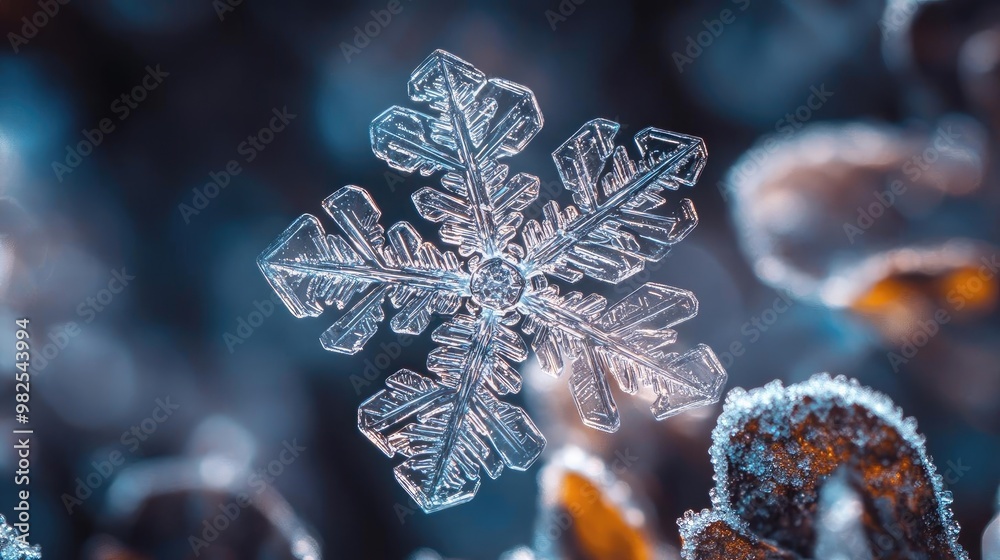 Poster A stunning close-up of a unique snowflake resting on a frost-covered leaf, showcasing intricate crystalline patterns.