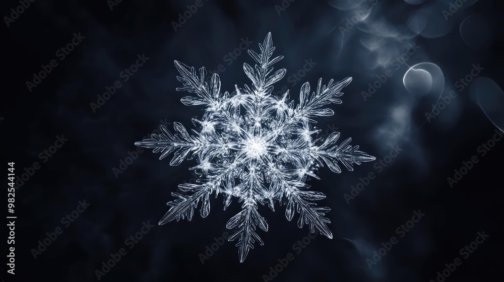 Poster Intricate snowflake design on a dark background, showcasing unique patterns and delicate structures, perfect for winter-themed projects.