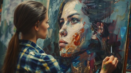 An artist is painting a portrait of herself