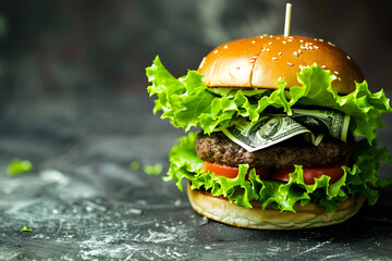 Burger with a dollar bill inside. Burger index concept. Copy space