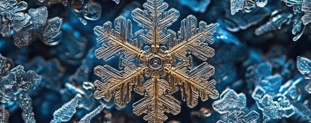 Poster close-up of a beautiful snowflake surrounded by shimmering ice crystals, showcasing intricate detail