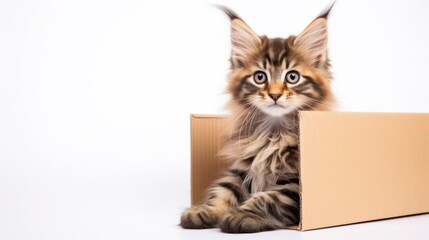 A curious Maine Coon kitten exploring a cardboard box