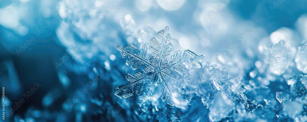 Poster Close-up view of a unique snowflake resting on icy surface, showcasing intricate patterns and beautiful blue hues.