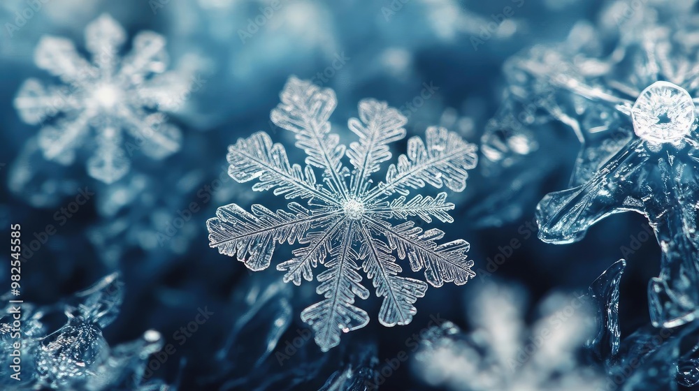 Poster close-up view of intricate snowflakes resting on frost. captivating patterns showcase the beauty of 