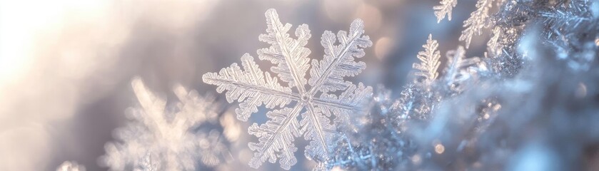 Obraz premium Close-up of a delicate snowflake, showcasing intricate patterns against a soft, blurred winter backdrop.