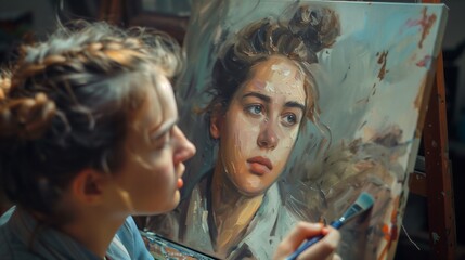 An artist is painting a portrait of herself