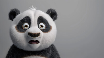 A surprised panda with wide, expressive eyes stands out against a minimalist backdrop, exuding a...