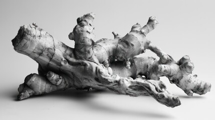 Fototapeta premium A high-contrast black and white photograph of a gnarled, knobby ginger root, highlighting its unique form and texture