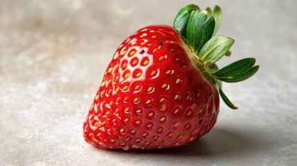 A high-resolution macro photograph of a single strawberry, showcasing its intricate details and delicate textures