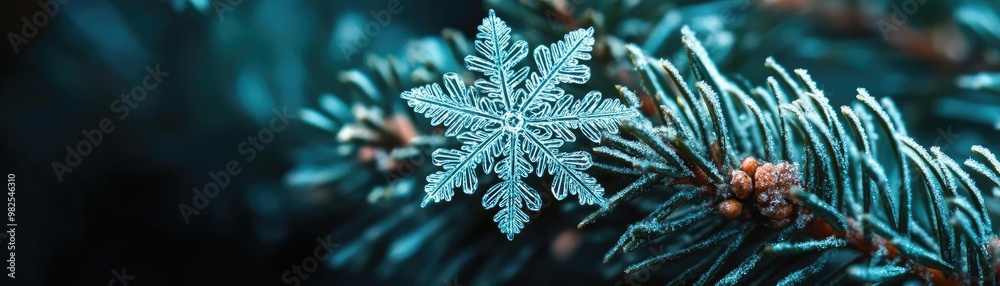 Poster a close-up of a delicate snowflake resting on a pine branch, showcasing intricate details and frosty