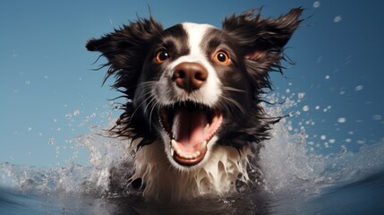 Fototapeta premium A humorous image of a dog paddling in a pool, its expression a mix of excitement and confusion.