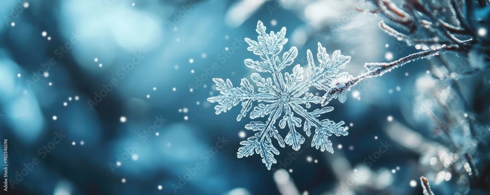 Poster a stunning snowflake delicately resting on a frost-covered branch, set against a soft blue backgroun