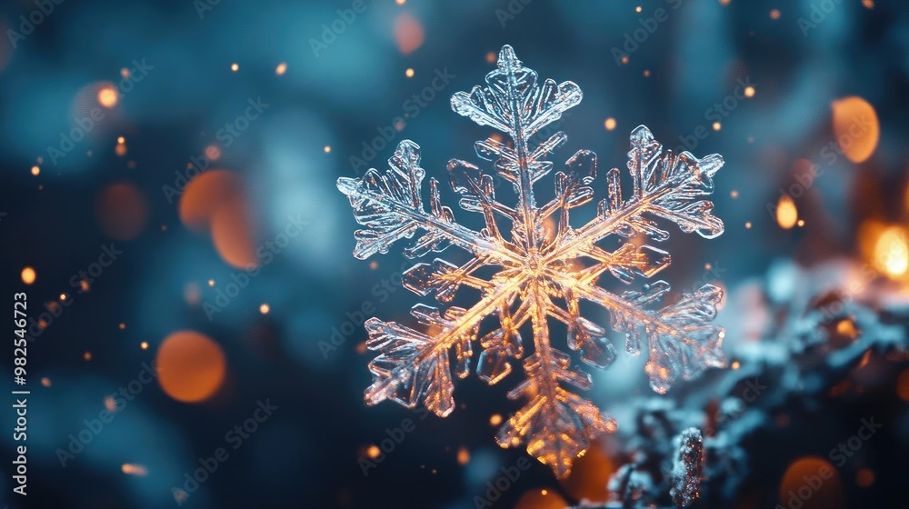 Poster a beautiful snowflake with intricate patterns, amidst a dreamy background of blue and warm lights, c