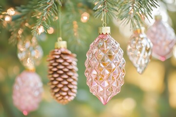 elegant, vintage-inspired glass pine cone ornaments in soft pink and warm amber tones, hanging delicately from a rustic pine branch, creating a festive and whimsical atmosphere