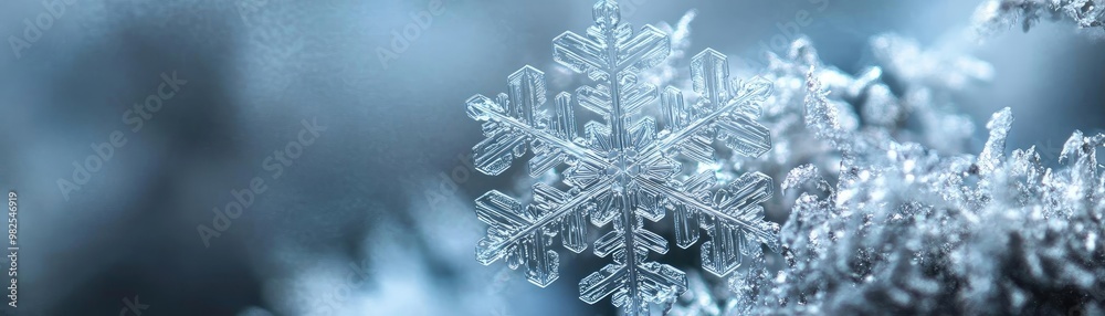 Aufkleber A close-up of a delicate snowflake resting on frost-covered branches, showcasing intricate patterns and winter beauty.