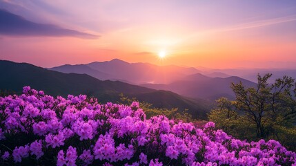 Fototapeta premium Hwangmaesan Mountain at sunrise with purple Azalea in full bloom, Hapcheon, South Korea