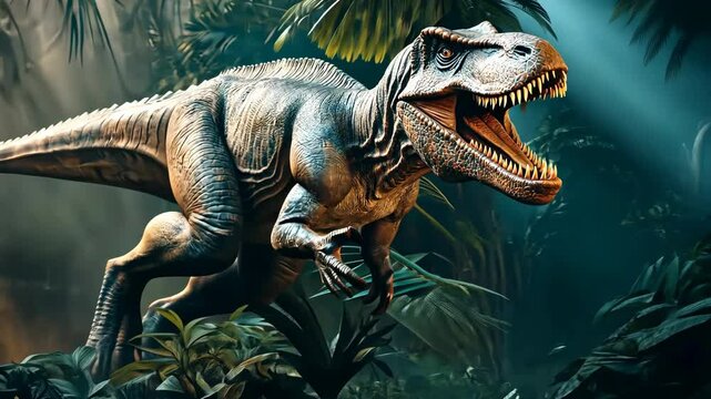 A large T-Rex is walking through a jungle. The dinosaur is surrounded by lush green foliage and is the center of attention in the scene