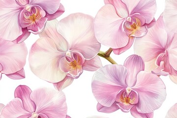 Delicate watercolor orchids in pastel pink and white, seamless floral pattern with soft, elegant flow