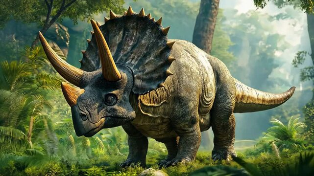 A large T-Rex is walking through a lush green forest. The scene is peaceful and serene, with the dinosaur blending in with its surroundings