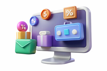 Flat Glossy Monitor on Sleek White Surface with Floating Holographic Retail and Coupon Symbols - Ideal for Digital Marketing and Ads in Simple Vector Style