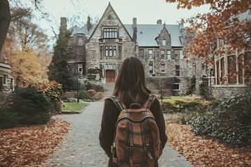 photo from the back of a woman college university-student standing at an old Ivy League boarding school fantasy campus in preppy clothes magazine film look in autumn