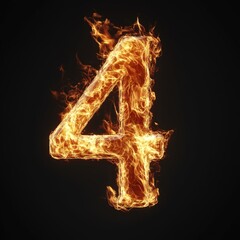 3D number 4 with fire texture realistic modern design, soft lighting, black background.