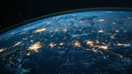 Obraz premium A satellite image of the Earth overlaid with AI-generated data insights, showcasing the global reach of data analytics