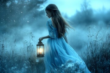 mystical portrait of a girl with a lantern fog