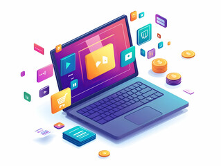 Modern Flat Vector Illustration of a Glossy Laptop on White Surface with Holographic Business and Coupon Symbols for Digital Marketing Promotions