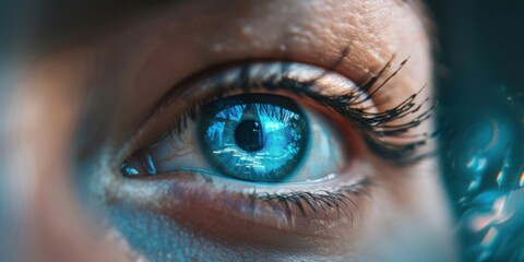 A close-up of a person's eye with reflections of a computer screen