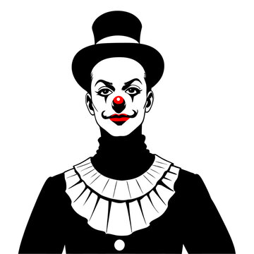 circus clown in hat and red nose, french mime black and white illustration with old school joker portrait style and theatrical comedy elements